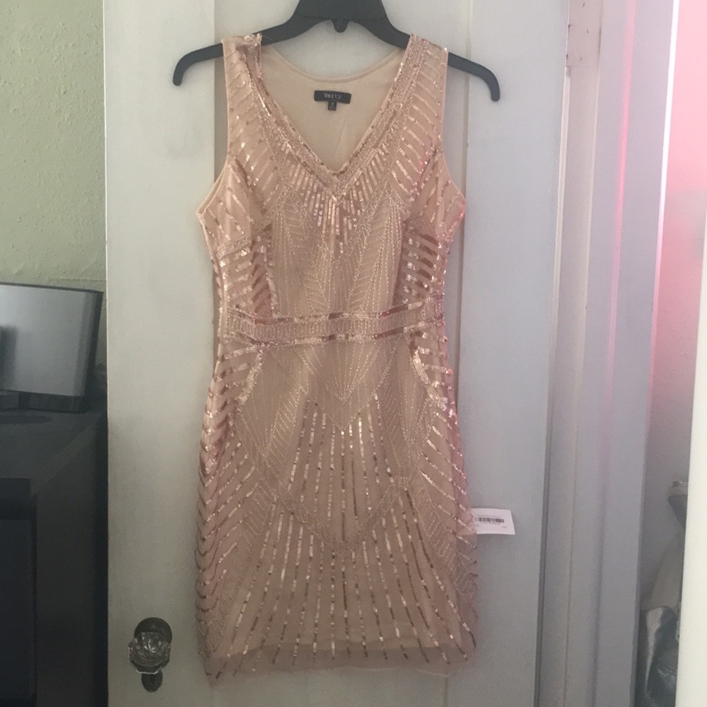 Verty side-zip rose gold and nude sequin dress!